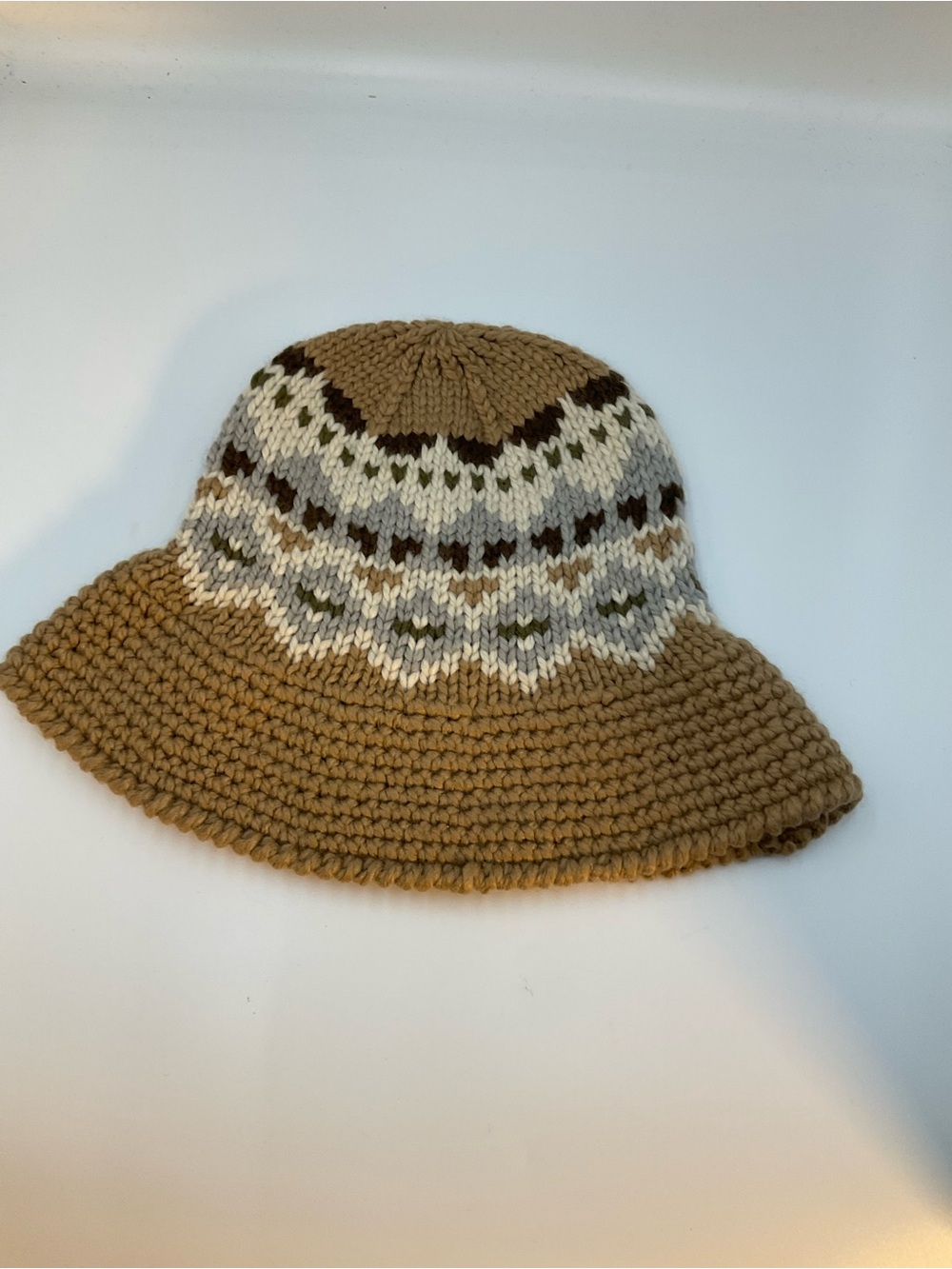 Vintage Knit Bucket Hat in Tan with Ivory and Olive Pattern